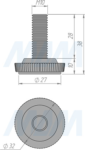 Размеры мебельной ножки М10x30 мм (артикул PI03.M10X30.)
