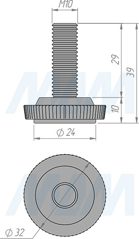 Размеры мебельной ножки М10x30 мм (артикул PI03 M10 X 30R)