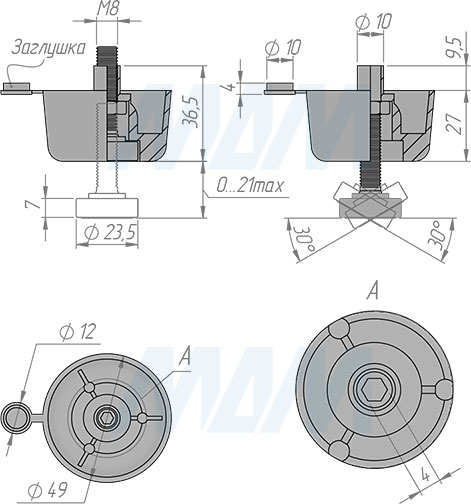 Размеры мебельной ножки, высота 27 мм, регулировка 21 мм (артикул PI04-CH)