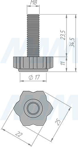 Размеры мебельной ножки М8x25 мм (артикул PI06 M8 X 25)