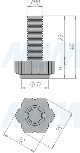 Размеры мебельной ножки М10x30 мм (артикул PI07 M10 X 30)