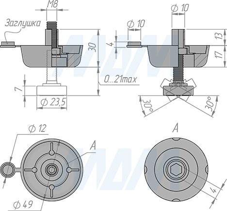 Размеры мебельной ножки, высота 17 мм, регулировка 21 мм (артикул PI08-CH)