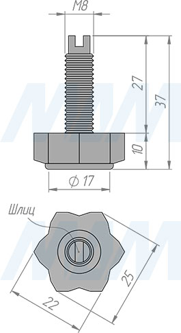 Размеры мебельной ножки М8x27 мм с прямым шлицем (артикул PI14)
