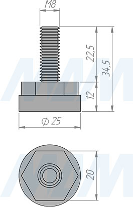 Размеры мебельной ножки, M8x25 мм (артикул PI20.M8X25)