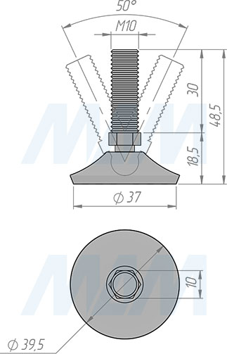 Размеры мебельной ножки на подвижном шарнире, M10x30 мм (артикул PI77.M10x30)