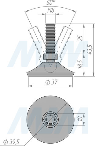 Размеры мебельной ножки на подвижном шарнире, M8x25 мм (артикул PI77.M8x25)