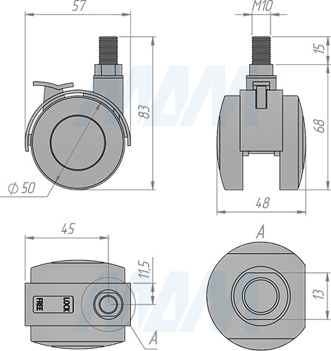 Размеры двухколесной опоры с винтом M10, диаметр 50 мм, со стопором (артикул W00B)