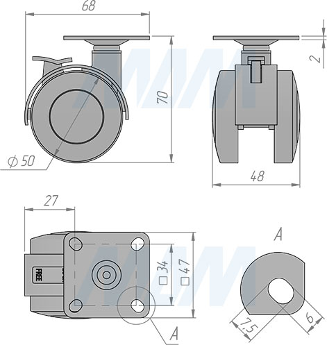 Размеры двухколесной опоры с площадкой, диаметр 50 мм, со стопором (артикул W01B)