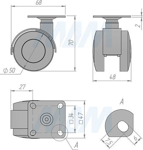 Размеры двухколесной опоры с площадкой, диаметр 50 мм, без стопора (артикул W01)