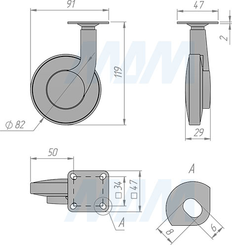 Размеры одноколесной опоры с площадкой, диаметр 80 мм, без стопора (артикул W02)