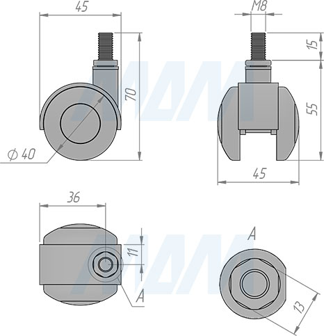 Размеры двухколесной опоры с винтом M8, диаметр 40 мм, без стопора (артикул W03)
