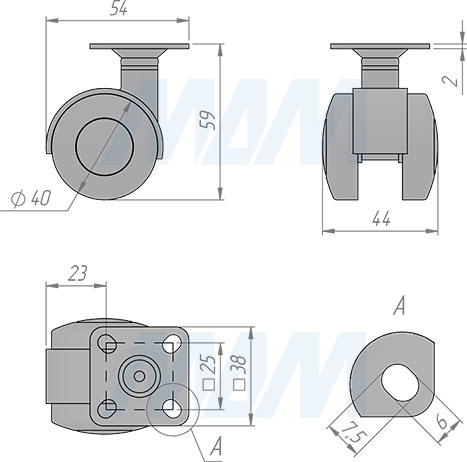 Размеры двухколесной опоры с площадкой, диаметр 40 мм, без стопора (артикул W04)