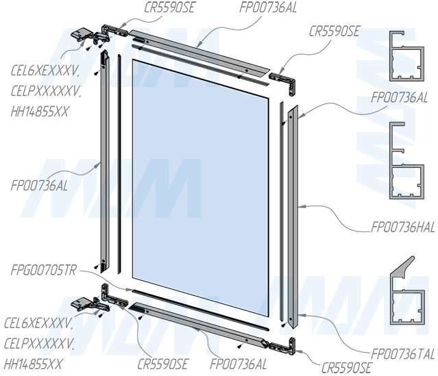 Установка уголка для сборки узкого рамочного профиля SECRET с петлями AIR (артикул CR5590SE), схема 1