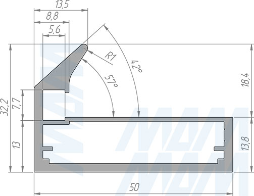 Размеры широкого рамочного профиля PRIME с наклонной ручкой (артикул FP00296T)