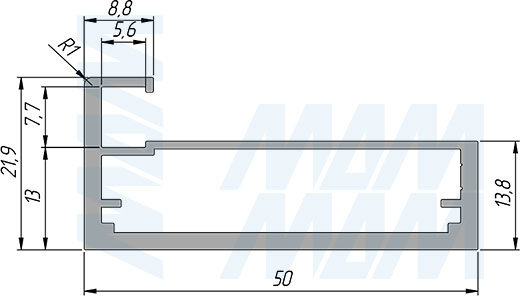 Размеры широкого рамочного профиля PRIME, 50x20x8 мм (артикул FP00297)