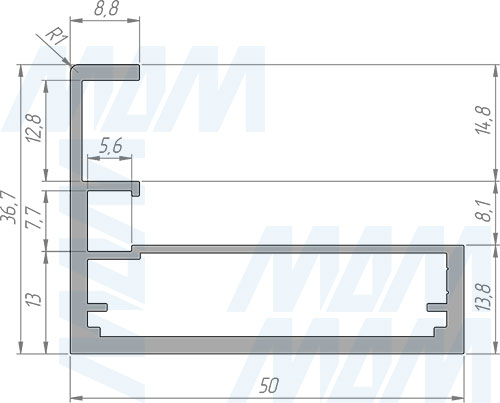 Размеры широкого рамочного профиля PRIME с интегрированной ручкой (артикул FP00298H)