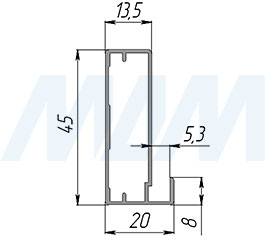 Размеры широкого рамочного профиля INTEGRO, 45х20х8 мм (артикул IN 133A)