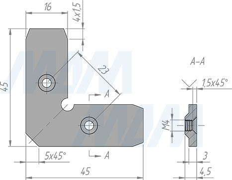 Размеры уголка для сборки узкого рамочного профиля INTEGRO (артикул IN304ZN)