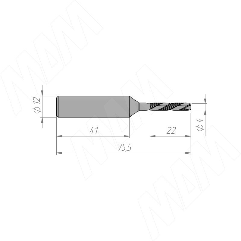 Фреза для раскроя ЛДСП/МДФ D=4мм, H=22мм, S=12мм, Z=2+2 TC422S12Z2, фото 1