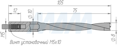 Размеры глухого сверла,  D=8 мм, L=105 мм, RH серии Professional (артикул 100101105)