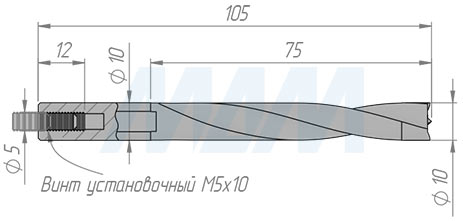 Размеры глухого сверла, D=10 мм, L=105 мм, RH серии Professional (артикул 100103105)