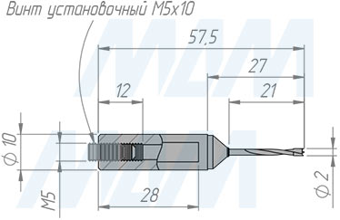 Размеры глухого цельнотвердосплавного сверла, D=2 мм, L=57 мм, RH серии Monolit (артикул 1010157)