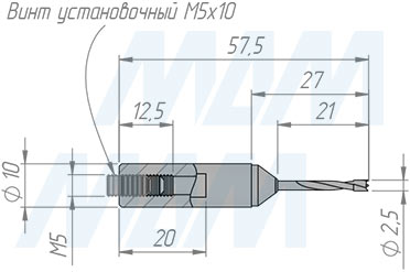 Размеры глухого цельнотвердосплавного сверла, D=2,5 мм, L=57 мм, RH серии Monolit (артикул 1010257)