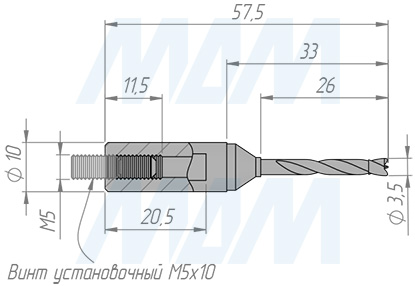 Размеры цельнотвердосплавного глухого сверла, D=3,5мм, L=57мм, RH серия Monolit (артикул 1010457)