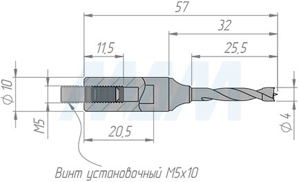 Размеры глухого цельнотвердосплавного сверла D=4 мм, L=57 мм, RH серии Monolit (артикул 1010557)