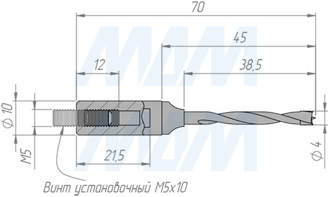 Размеры цельнотвердосплавного глухого сверла, D=4мм, L=70мм, RH, серии Monolit (артикул 1010570)