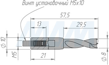 Размеры глухого цельнотвердосплавного сверла D=8 мм, L=57 мм, RH серии Monolit (артикул 1011057)