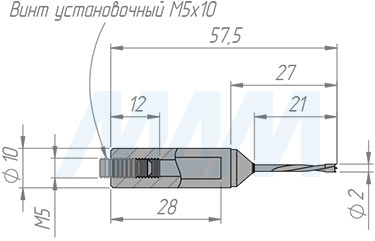 Размеры глухого цельнотвердосплавного сверла D=2 мм, L=57 мм, LH серии Monolit (артикул 1020157)