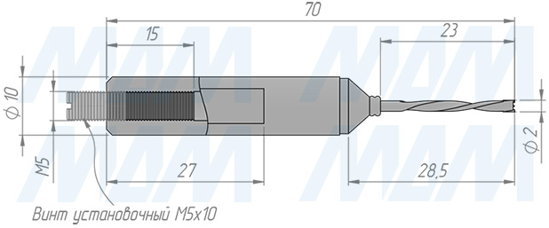 Размеры глухого цельнотвердосплавного сверла D=2мм, L=70мм, LH серии Monolit (артикул 1020170)