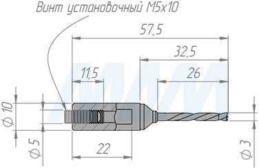 Размеры глухого цельнотвердосплавного сверла D=3 мм, L=57 мм, LH серии Monolit (артикул 1020357)