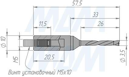 Размеры цельнотвердосплавного глухого сверла, D=3,5мм, L=57мм, LH серии Monolit (артикул 1020457)