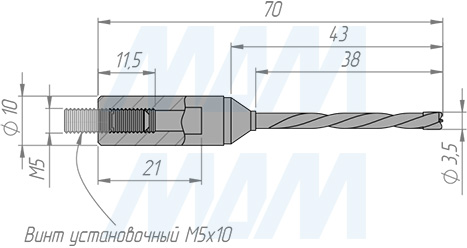 Размеры цельнотвердосплавного глухого сверла, D=3,5мм, L=70мм, LH серии Monolit (артикул 1020470)