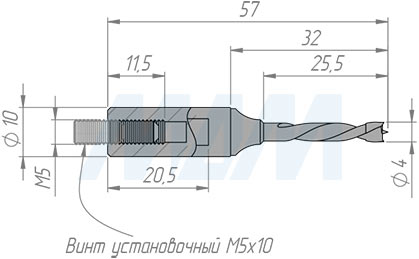 Размеры глухого цельнотвердосплавного сверла D=4 мм, L=57 мм, LH серии Monolit (артикул 1020557)