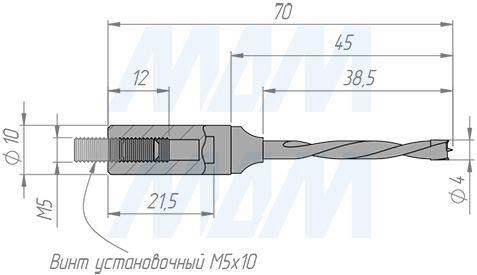 Размеры цельнотвердосплавного глухого сверла,  D=4мм, L=70мм, LH, серии Monolit (артикул 1020570)