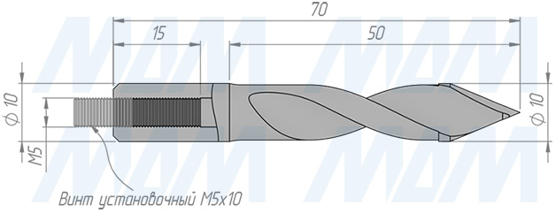 Размеры сквозного сверла, D=10мм, L=70мм, RH серия Standard (артикул 11010670)