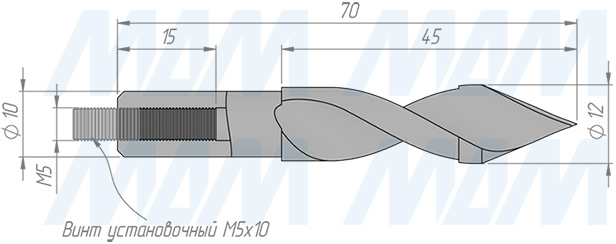 Размеры сквозного сверла, D=12мм, L=70мм, RH серия Standard (артикул 11010770)