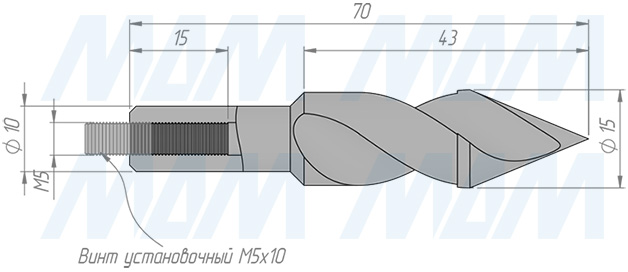 Размеры сквозного сверла, D=15мм, L=70мм, RH серия Standard (артикул 11010870)