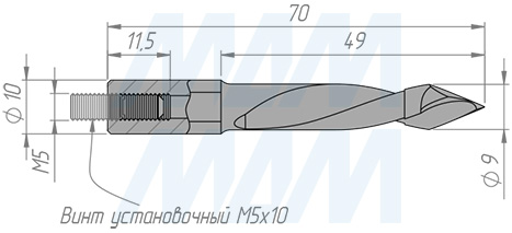 Размеры сквозного сверла,  D=9мм, L=70мм, LH, серия Standard (артикул 11020570)