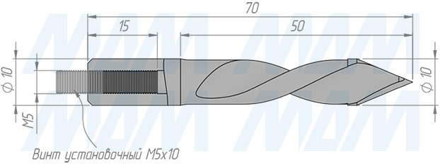 Размеры сквозного сверла, D=10мм, L=70мм, LH серия Standard (артикул 11020670)