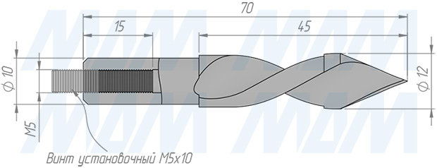 Размеры сквозного сверла, D=12мм, L=70мм, LH серия Standard (артикул 11020770)
