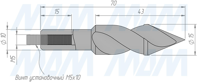 Размеры сквозного сверла, D=15мм, L=70мм, LH серия Standard (артикул 11020870)