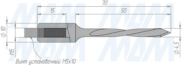 Размеры сквозного сверла, D=4.5мм, L=70мм, LH серия Standard (артикул 11021070)