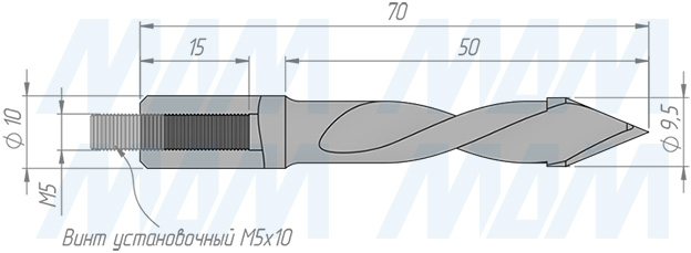 Размеры сквозного сверла, D=9.5мм, L=70мм, LH серия Standard (артикул 11021570)