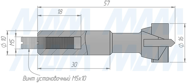 Размеры чашечного сверла, D=16мм, L=57мм, RH (артикул 12010357)