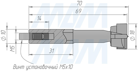 Размеры чашечного сверла, D=18мм, L=70мм, RH серии Standard (артикул 12010570)