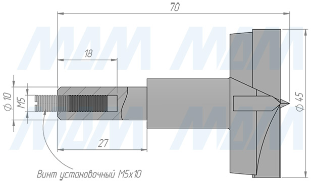 Размеры чашечного сверла D=45 мм, L=70 мм, RH, серия Standard (артикул 12014570)